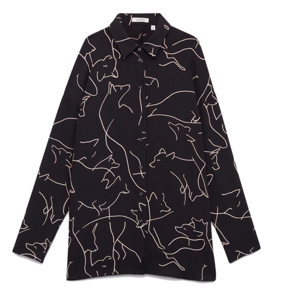 Aritzia Babaton Kearny Shirt Black Oversized Fox Dog Print Satin Effect Tunic M